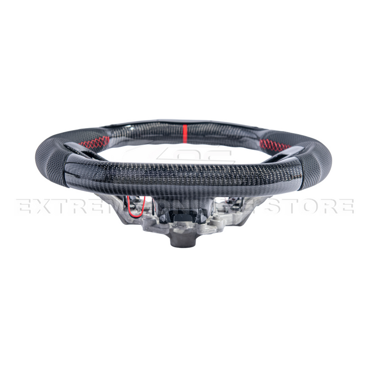 2015-23 Mustang Black Leather Red Stitching Carbon Fiber Steering Wheel