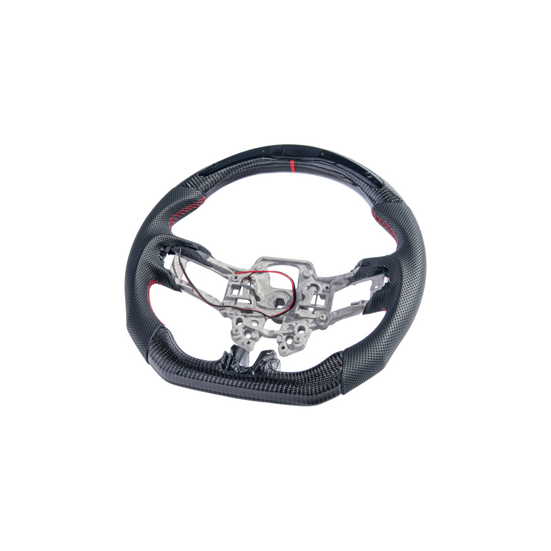 2015-23 Mustang Black Leather Red Stitching Carbon Fiber Steering Wheel