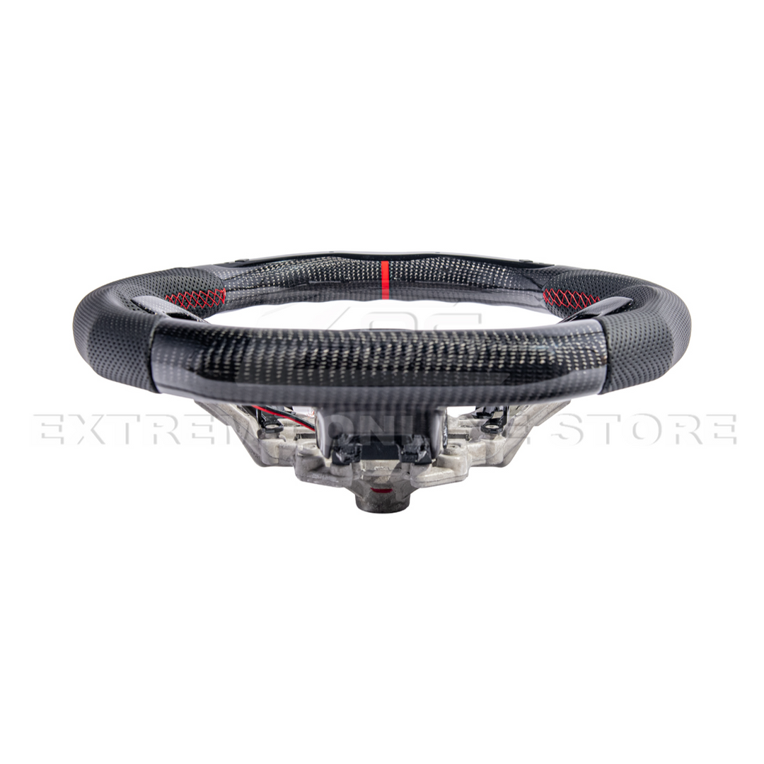 2015-23 Mustang Black Leather Red Stitching Carbon Fiber Steering Wheel