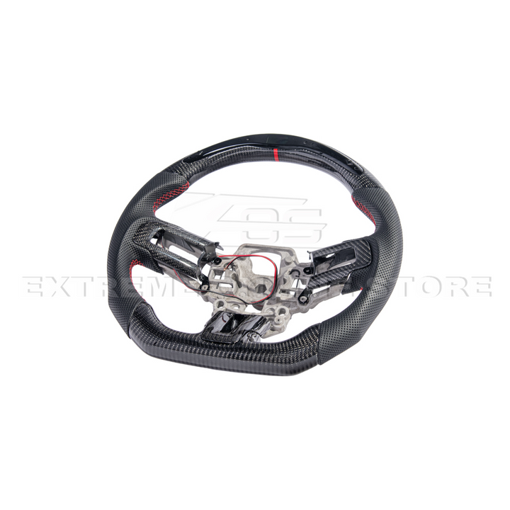 2015-23 Mustang Black Leather Red Stitching Carbon Fiber Steering Wheel