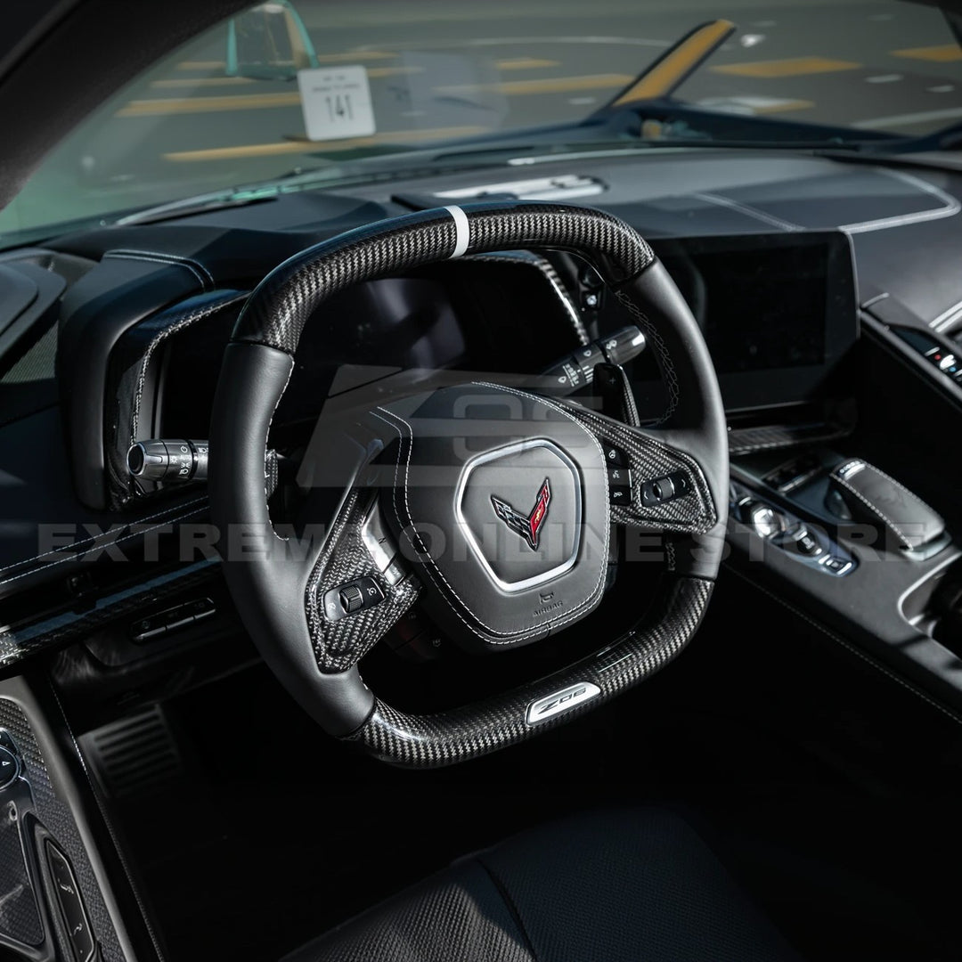 Corvette C8 DRY CARBON FIBER Steering Wheel Trim Cover w/ Collison Button