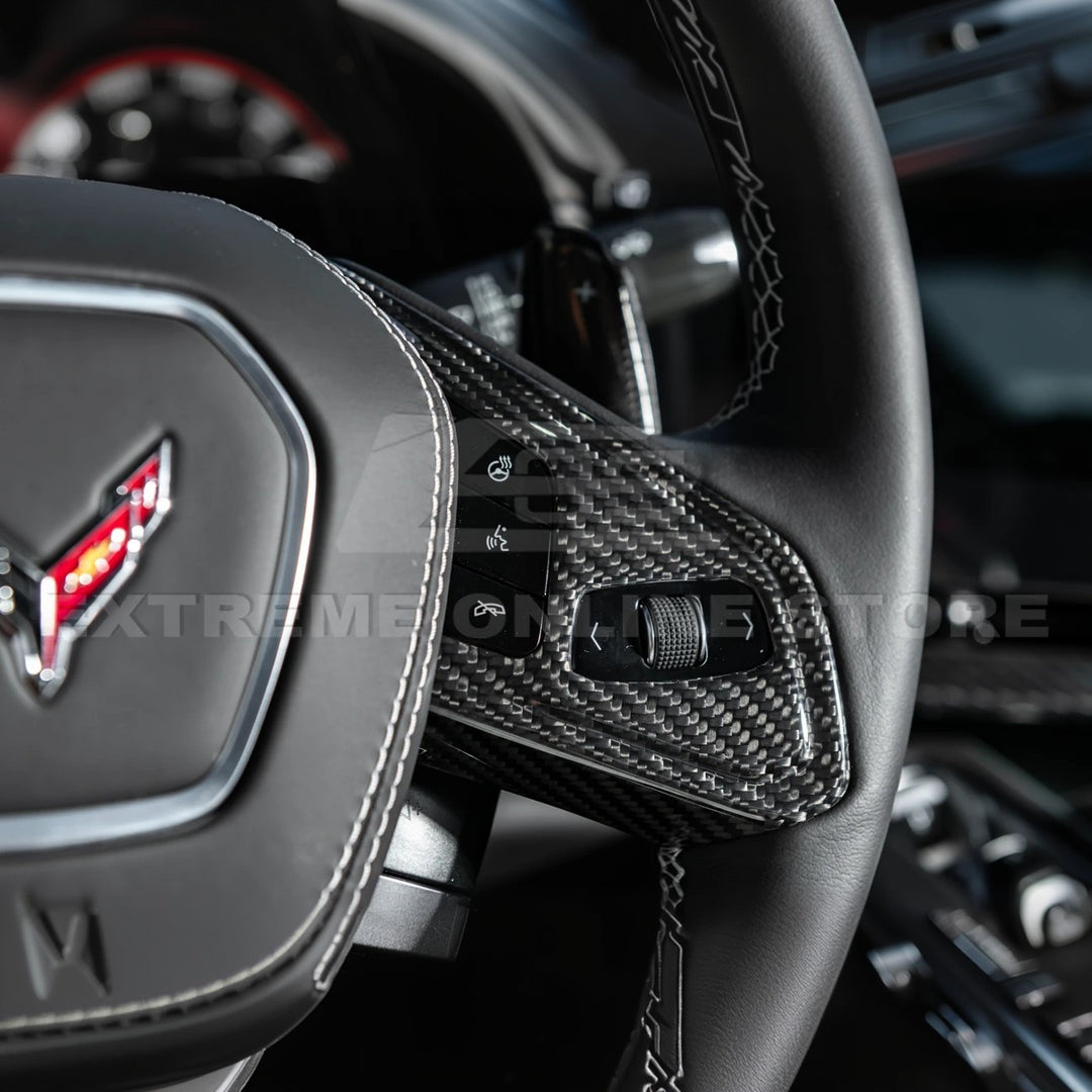 Corvette C8 DRY CARBON FIBER Steering Wheel Trim Cover w/ Collison Button
