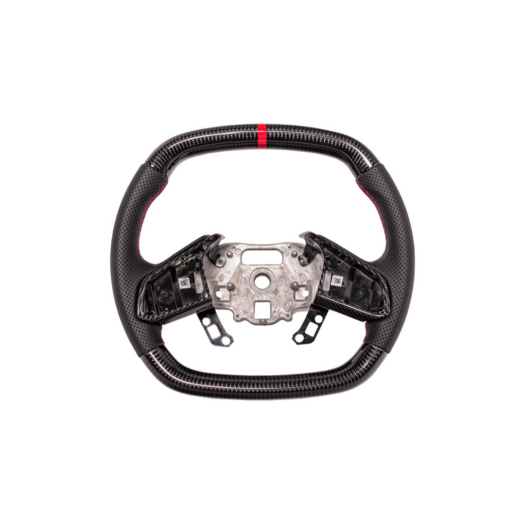 2020-Up Corvette C8 CARBON FIBER Perforated Leather Red Stripe Steering Wheel