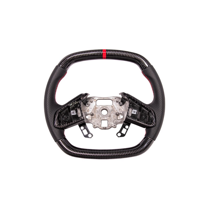 2020-Up Corvette C8 CARBON FIBER Perforated Leather Red Stripe Steering Wheel