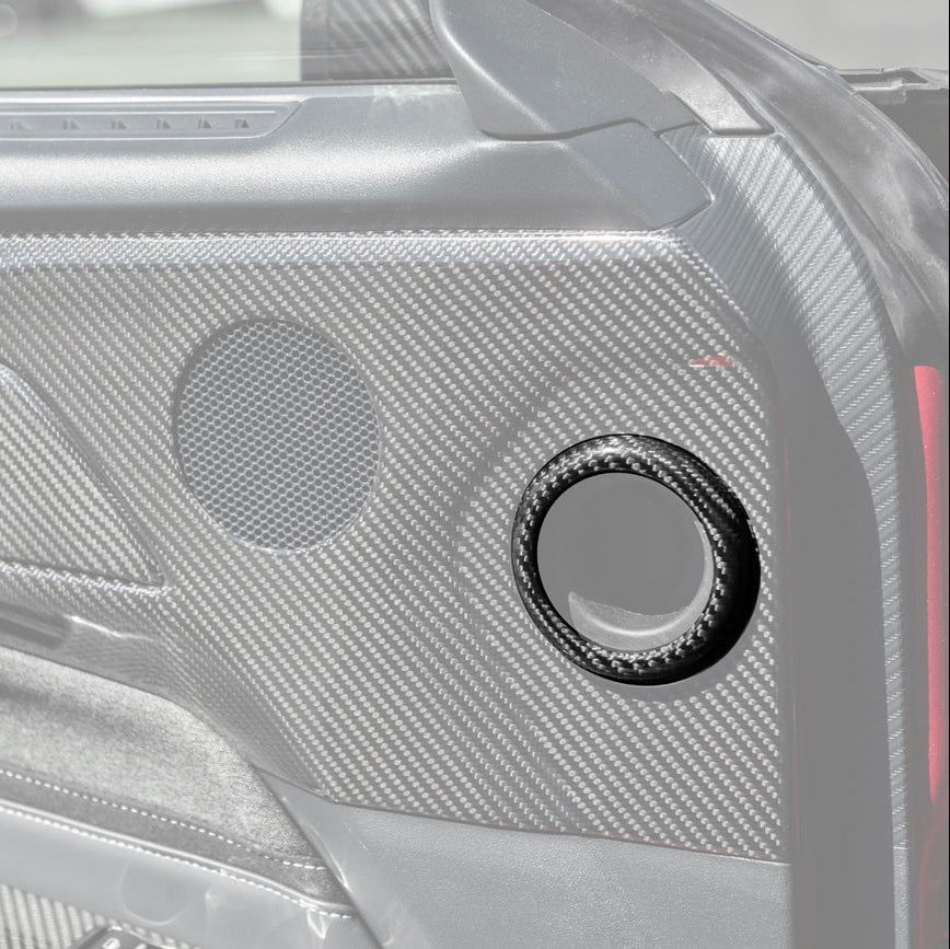 Carbon fiber interior panel with speaker and control buttons on a car door.