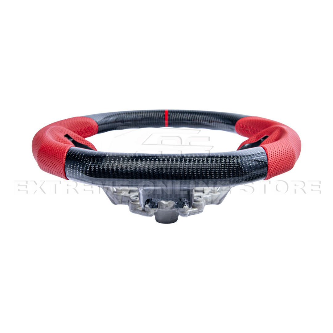 2015-23 Mustang Red Leather Red Stitching Carbon Fiber Steering Wheel
