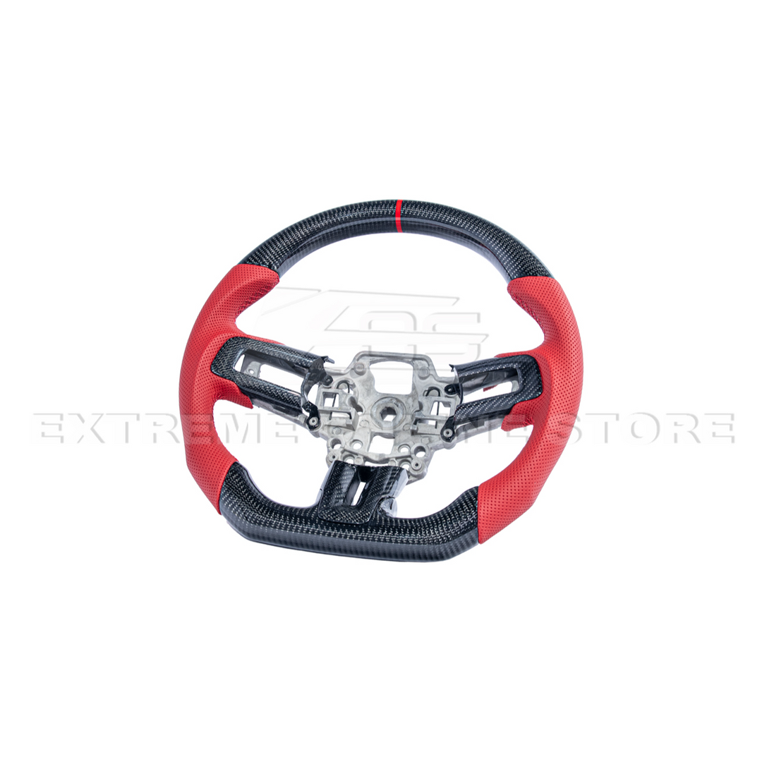 2015-23 Mustang Red Leather Red Stitching Carbon Fiber Steering Wheel