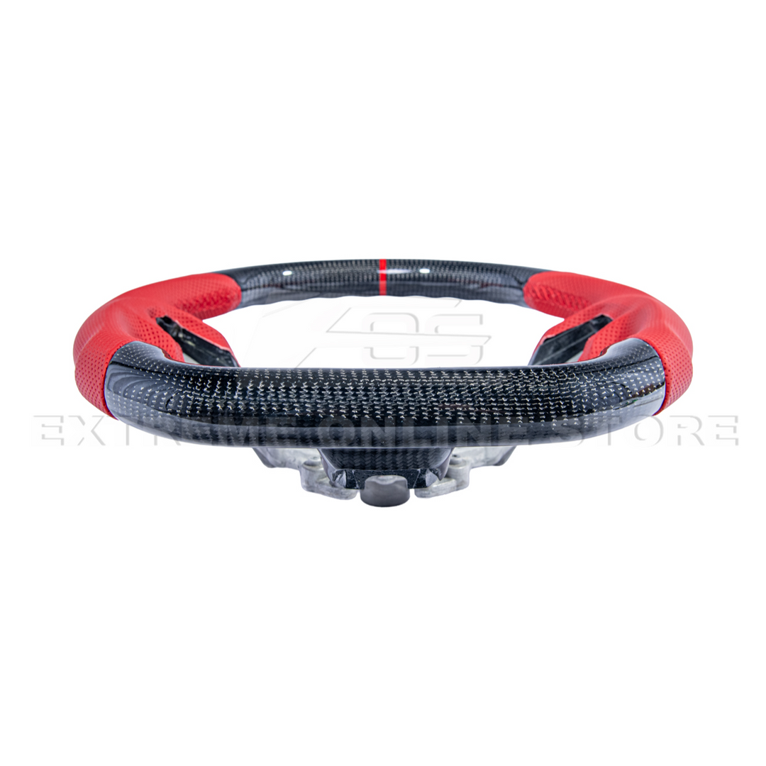 2015-23 Mustang Red Leather Red Stitching Carbon Fiber Steering Wheel