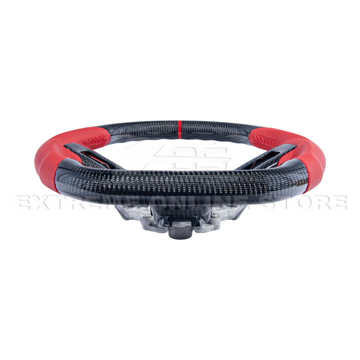 2015-23 Mustang Red Leather Red Stitching Carbon Fiber Steering Wheel