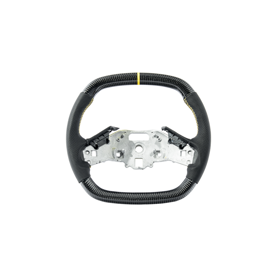 Corvette C8 Carbon Fiber Steering Wheel Black Perforated Leather YELLOW Stitching YELLOW Stripe