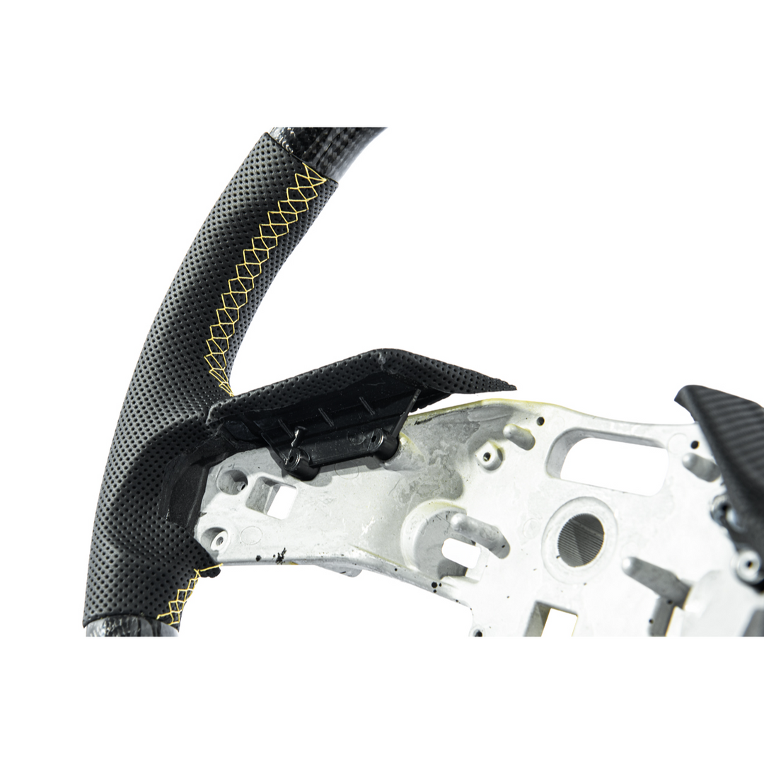 Corvette C8 Carbon Fiber Steering Wheel Black Perforated Leather YELLOW Stitching YELLOW Stripe