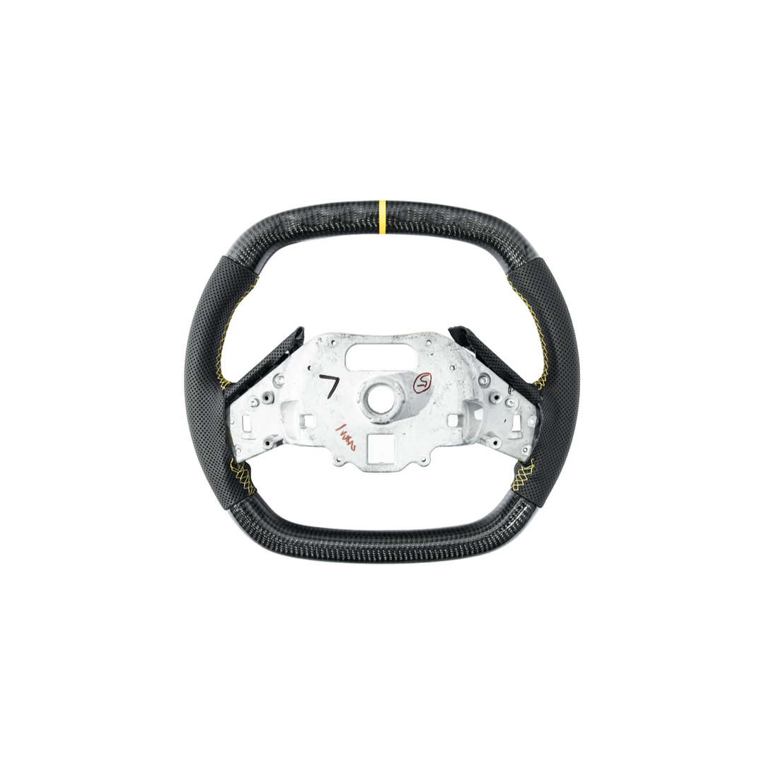 Corvette C8 Carbon Fiber Steering Wheel Black Perforated Leather YELLOW Stitching YELLOW Stripe