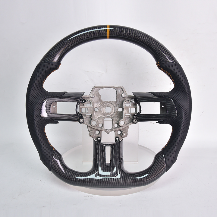 2015-23 Mustang Carbon Fiber Steering Wheel Black Perforated Leather Orange Stitching Orange Stripe