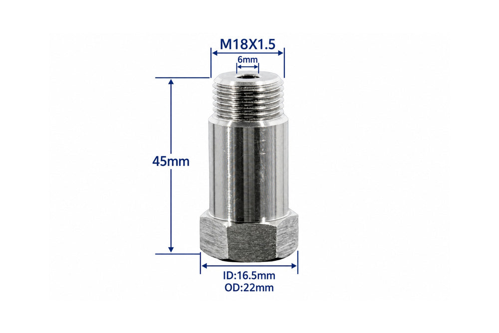 Straight O2 Sensor Spacer M18x1.5 Dimensions - 45mm Length, 22mm OD, 6mm Orifice