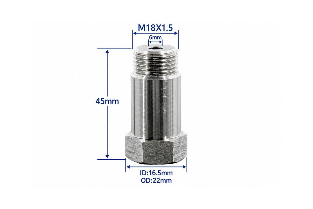 Straight O2 Sensor Spacer M18x1.5 Dimensions - 45mm Length, 22mm OD, 6mm Orifice