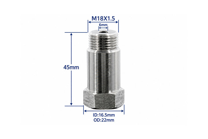 Straight O2 Sensor Spacer M18x1.5 Dimensions - 45mm Length, 22mm OD, 6mm Orifice
