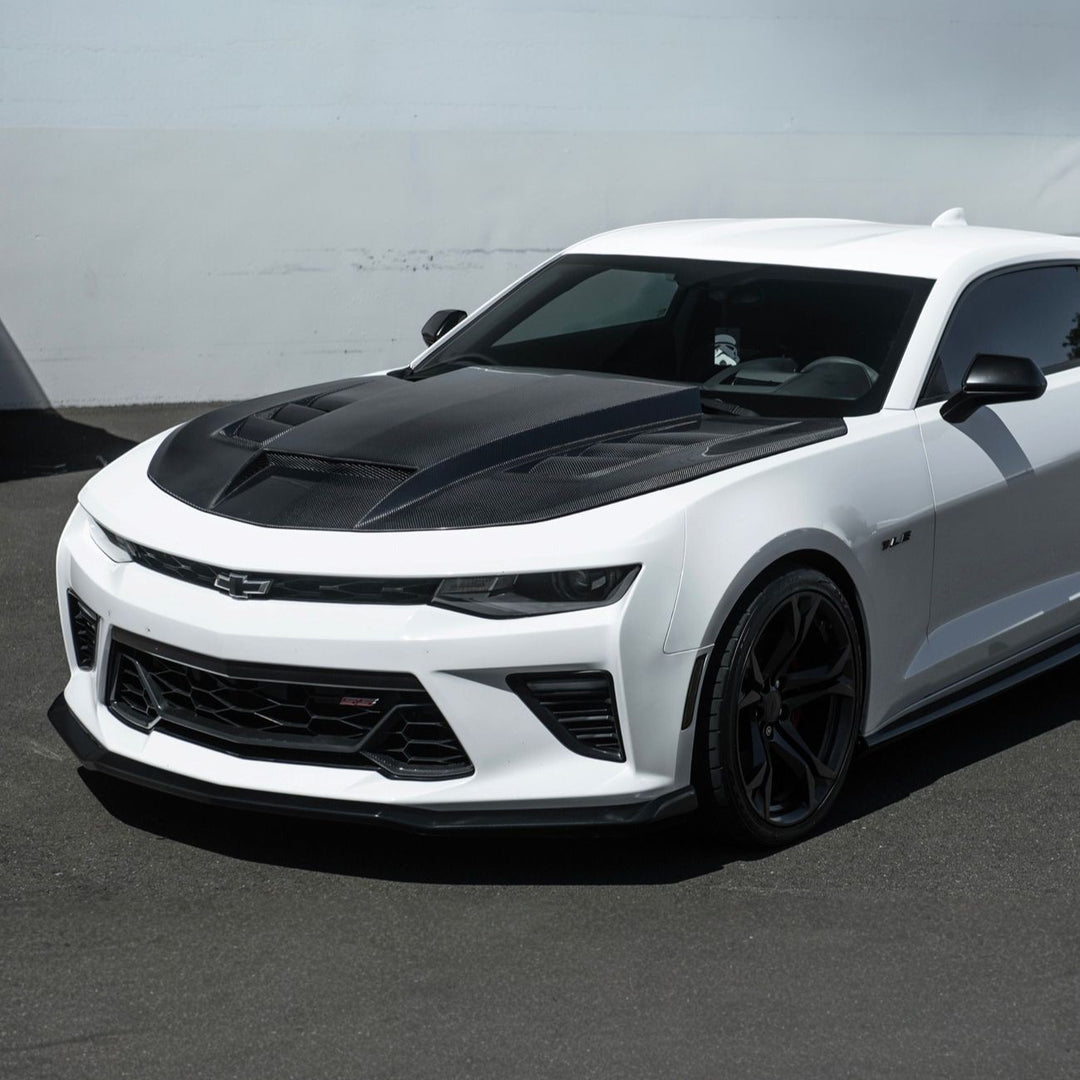 2016-2024 Chevrolet Camaro Carbon Fiber Terminator Style Front Bumper Hood Replacement Carbon Fiber HOOD-1525-BKCF
