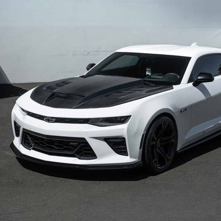 2016-2024 Chevrolet Camaro Carbon Fiber Terminator Style Front Bumper Hood Replacement Carbon Fiber HOOD-1525-BKCF