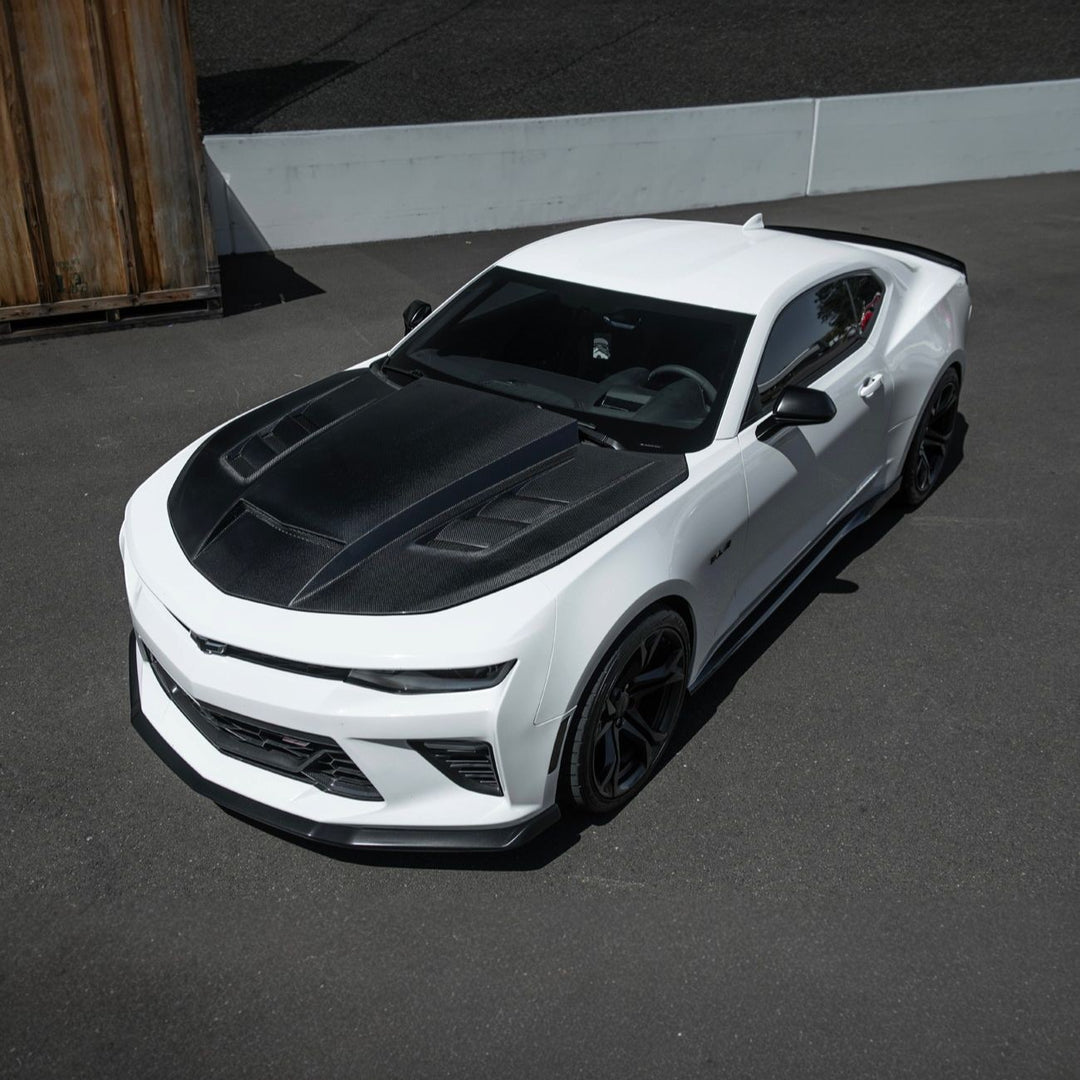 2016-2024 Chevrolet Camaro Carbon Fiber Terminator Style Front Bumper Hood Replacement Carbon Fiber HOOD-1525-BKCF