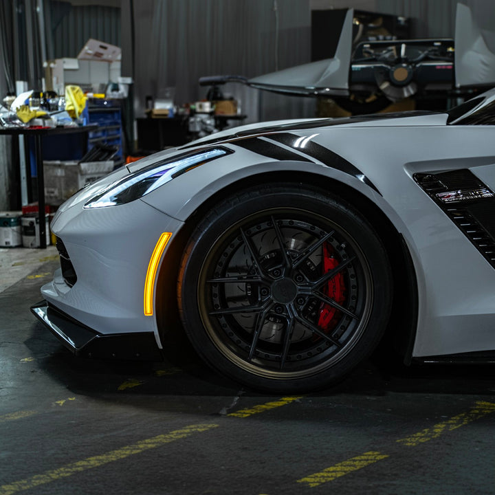 Corvette C7 Factory Style LED Side Marker Lights Front : Amber Lens ( Same as OEM Finish ) Rear : Red Lens ( Same as OEM Finish ) LIGHT-1455-RD_LIGHT-1456-RD