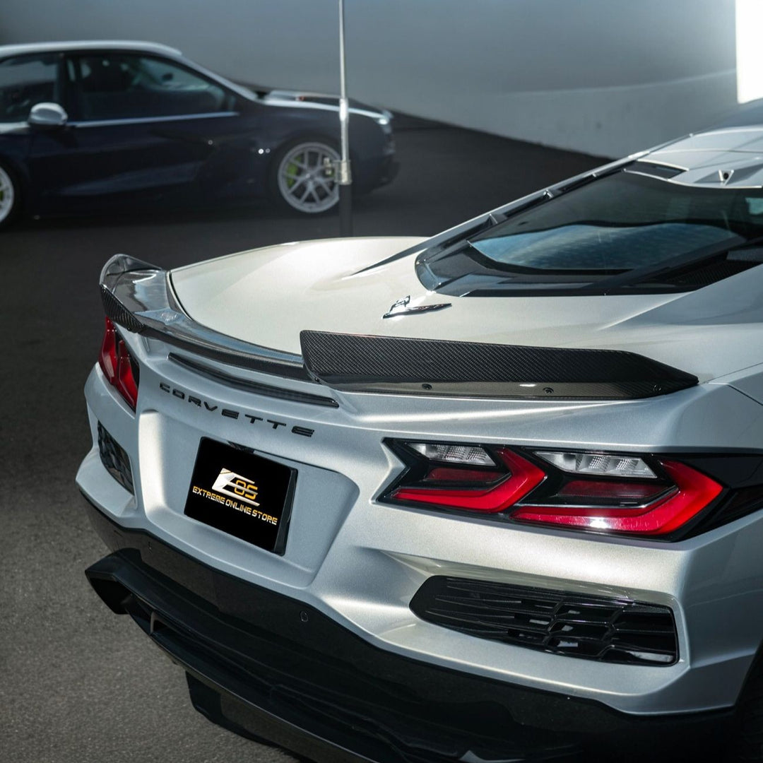 Corvette C8 Carbon Fiber Rear Wing Spoiler with Extended Winglets Carbon Fiber SPOILER-733-BKCF_SPLITTER-1354-BKCF