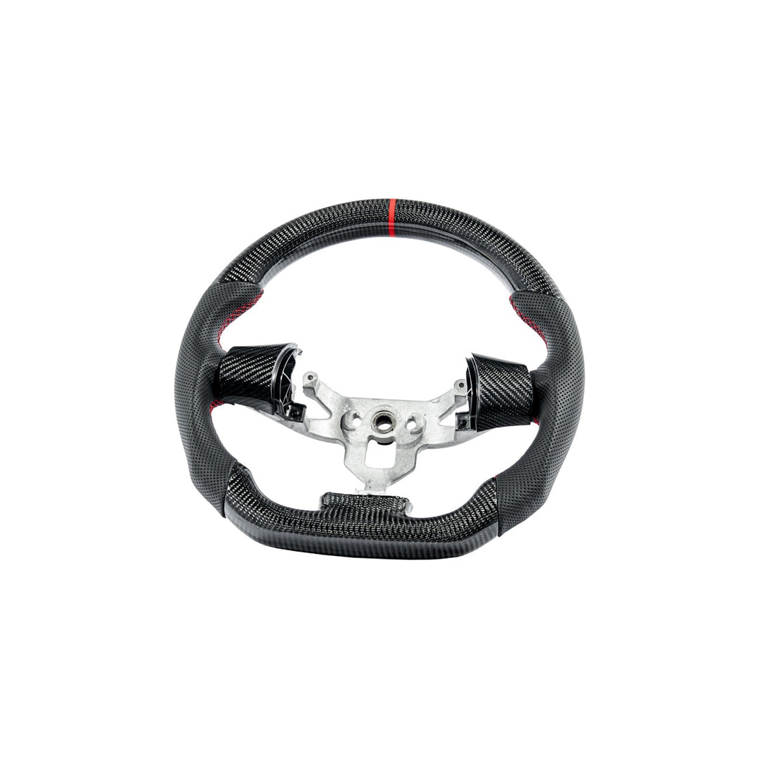 Corvette C6 Carbon Fiber Steering Wheel &amp; Spoke Covers Gloss Carbon Fiber Red Stitching Red Top Stripe