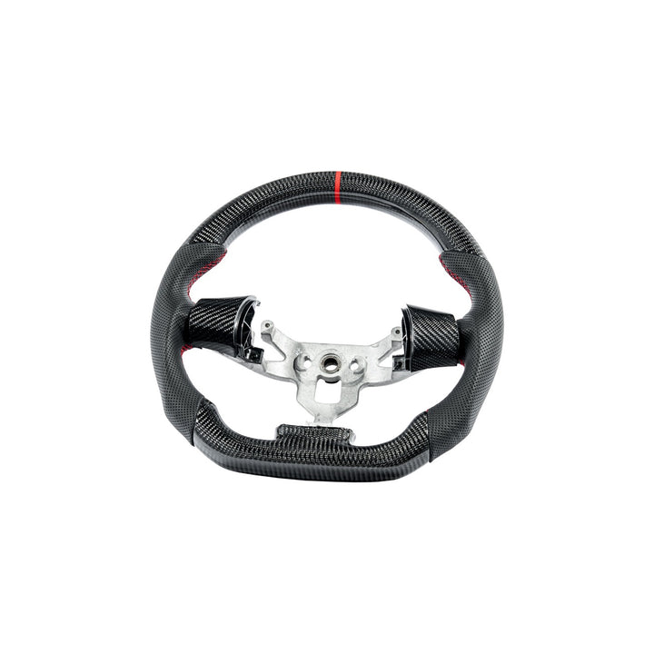 Corvette C6 Carbon Fiber Steering Wheel &amp; Spoke Covers Gloss Carbon Fiber Red Stitching Red Top Stripe
