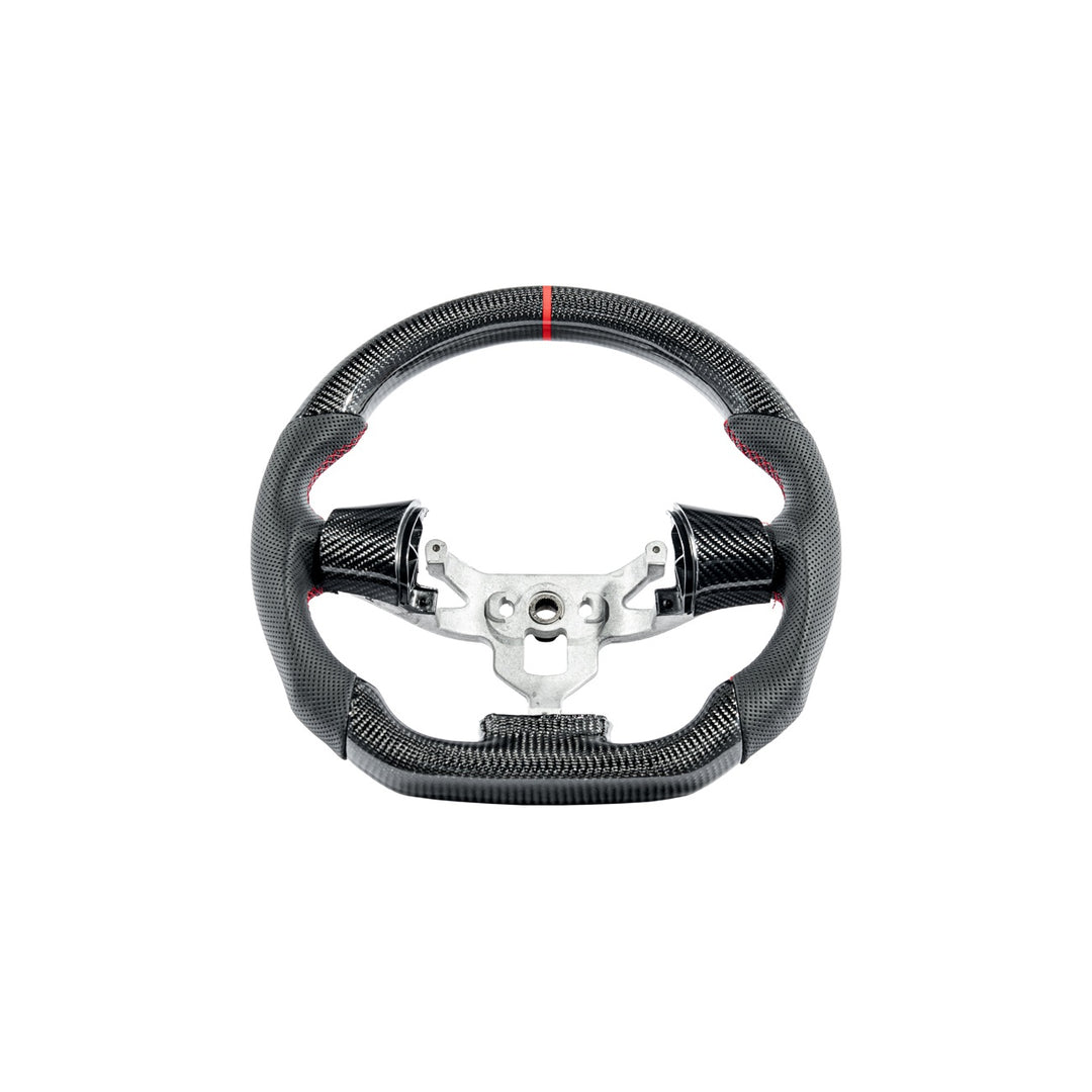 Corvette C6 Carbon Fiber Steering Wheel &amp; Spoke Covers Gloss Carbon Fiber Red Stitching Red Top Stripe