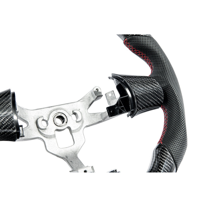 Corvette C6 Carbon Fiber Steering Wheel &amp; Spoke Covers Gloss Carbon Fiber Red Stitching Red Top Stripe