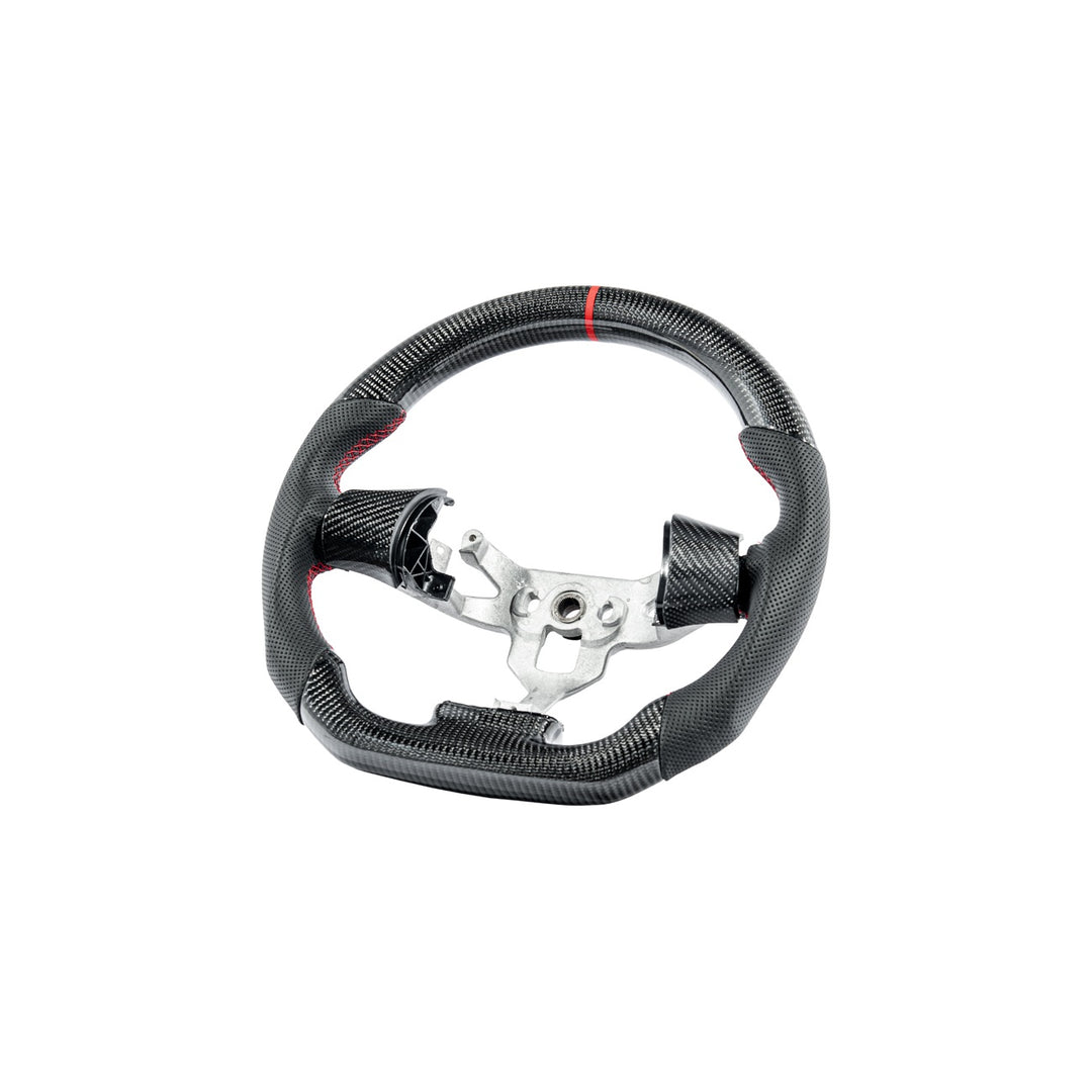 Corvette C6 Carbon Fiber Steering Wheel &amp; Spoke Covers Gloss Carbon Fiber Red Stitching Red Top Stripe