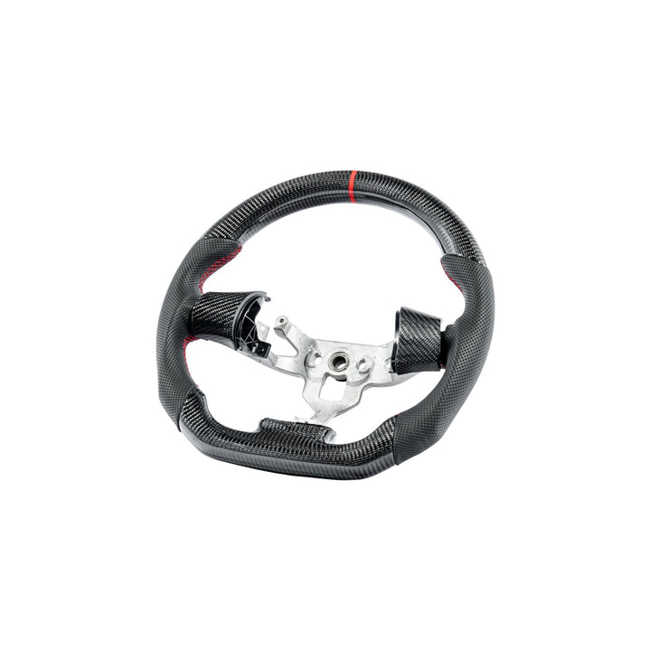 Corvette C6 Carbon Fiber Steering Wheel &amp; Spoke Covers Gloss Carbon Fiber Red Stitching Red Top Stripe