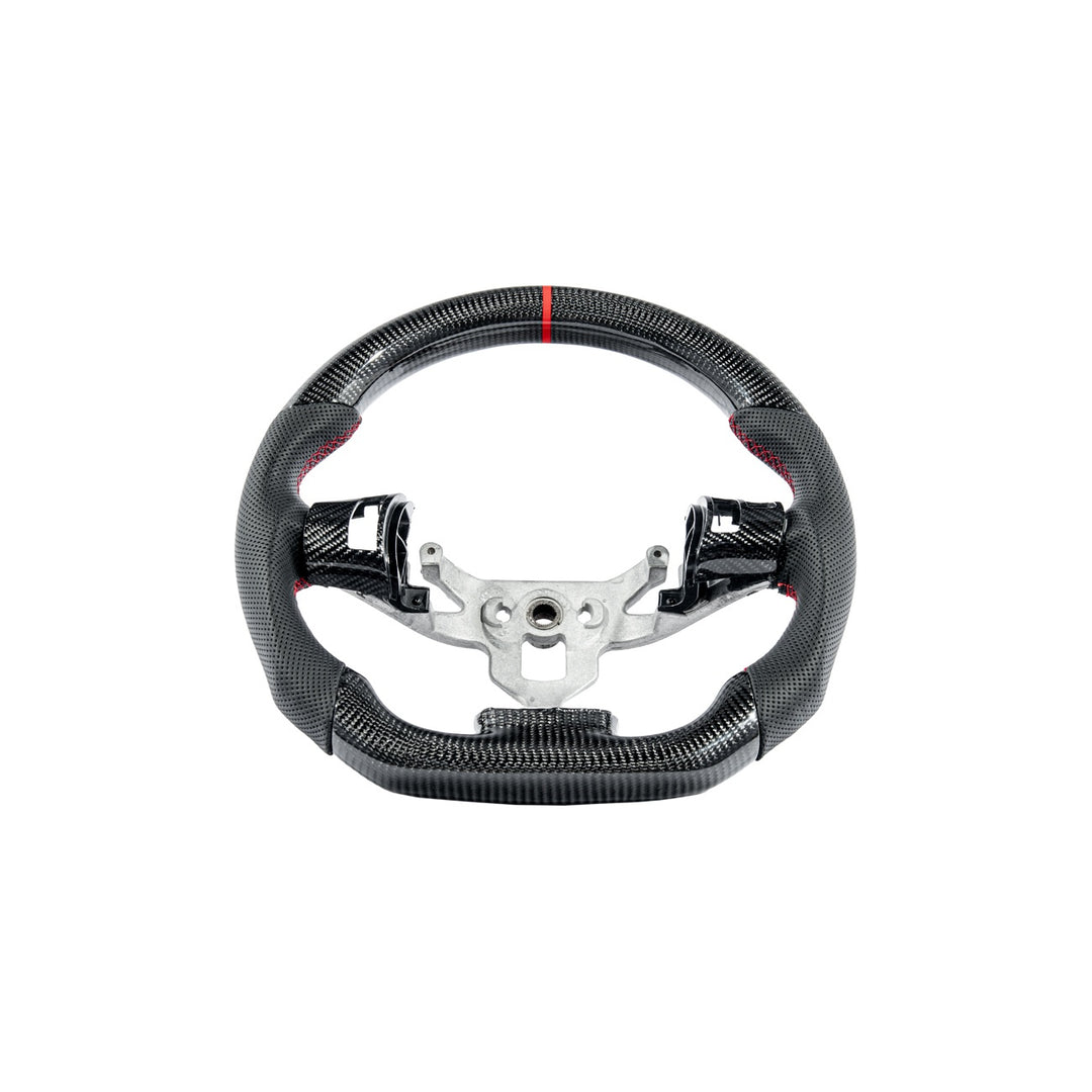 Corvette C6 Carbon Fiber Steering Wheel &amp; Spoke Covers Gloss Carbon Fiber Red Stitching Red Top Stripe
