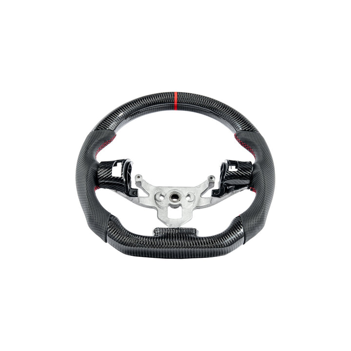 Corvette C6 Carbon Fiber Steering Wheel &amp; Spoke Covers Gloss Carbon Fiber Red Stitching Red Top Stripe