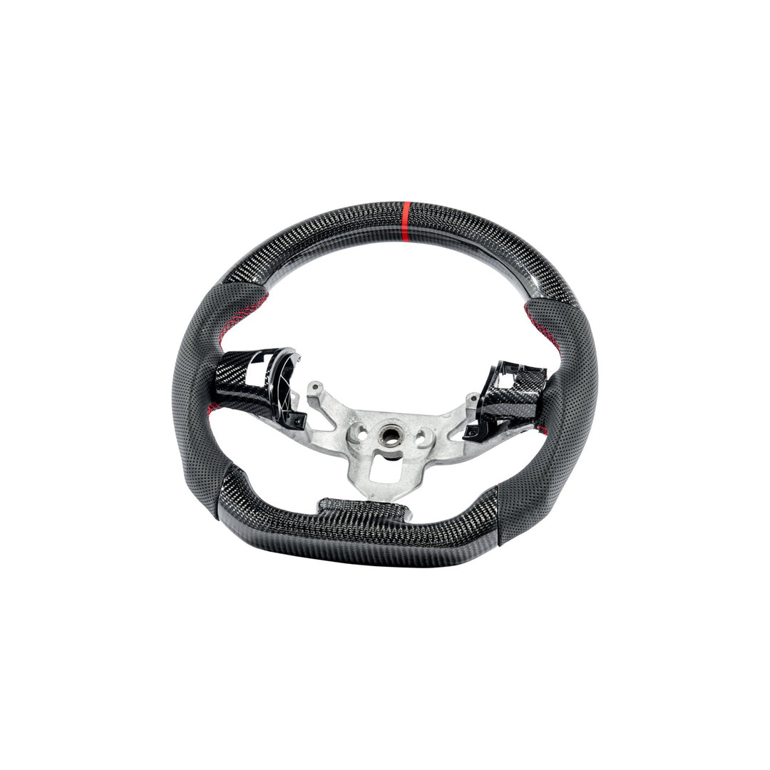 Corvette C6 Carbon Fiber Steering Wheel &amp; Spoke Covers Gloss Carbon Fiber Red Stitching Red Top Stripe