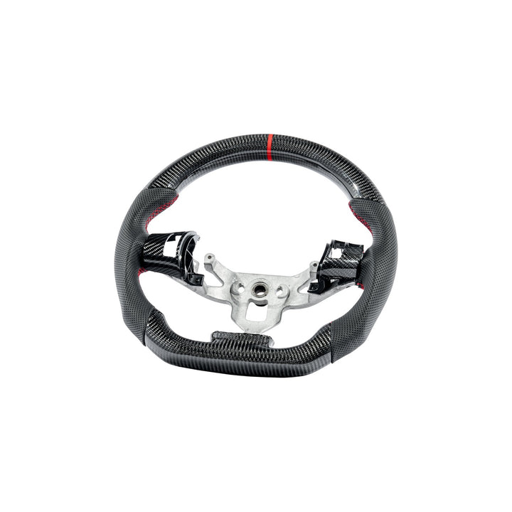 Corvette C6 Carbon Fiber Steering Wheel &amp; Spoke Covers Gloss Carbon Fiber Red Stitching Red Top Stripe