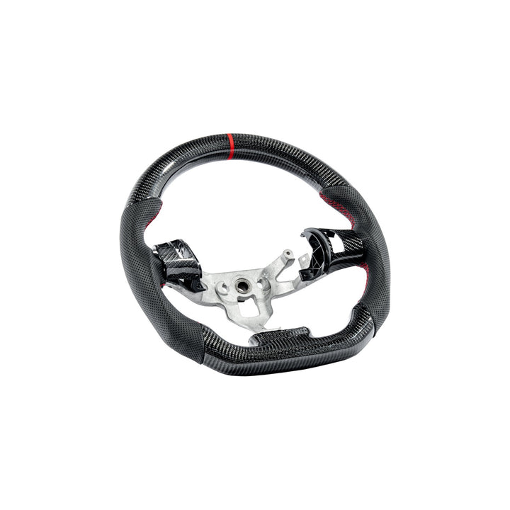 Corvette C6 Carbon Fiber Steering Wheel &amp; Spoke Covers Gloss Carbon Fiber Red Stitching Red Top Stripe
