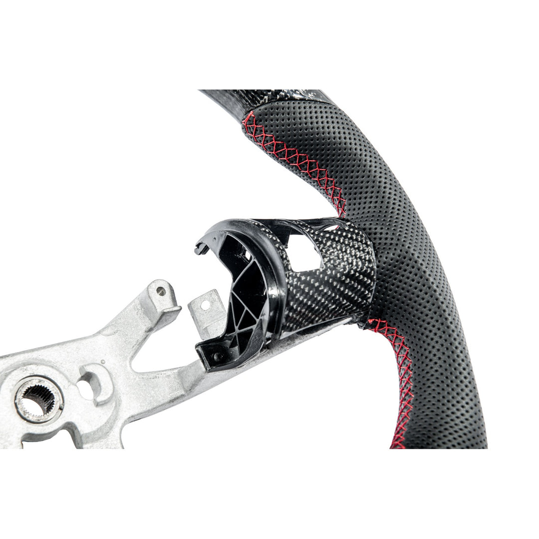 Corvette C6 Carbon Fiber Steering Wheel &amp; Spoke Covers Gloss Carbon Fiber Red Stitching Red Top Stripe