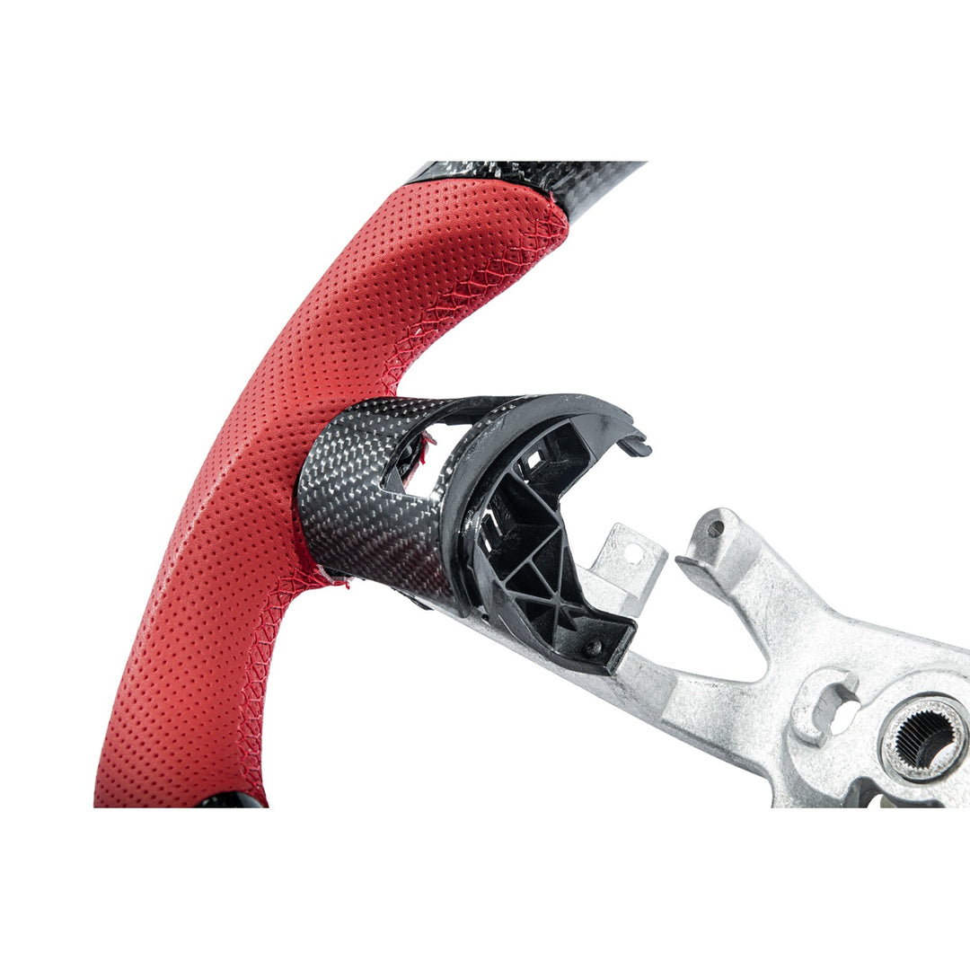 Corvette C6 Carbon Fiber Round Top Flat Bottom Steering Wheel &amp; Control Covers Gloss Carbon Fiber Red Stitching Red Top Stripe
