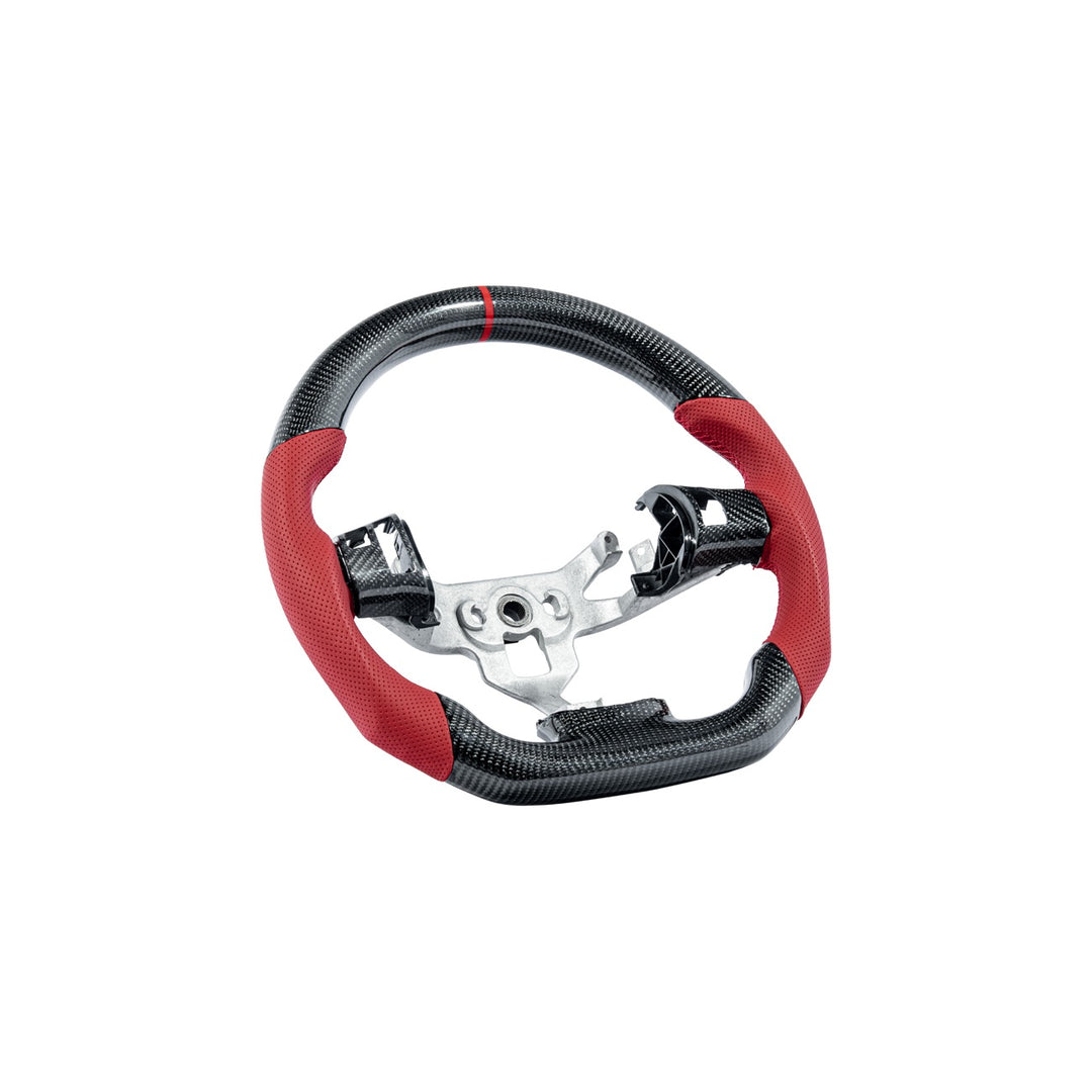 Corvette C6 Carbon Fiber Round Top Flat Bottom Steering Wheel &amp; Control Covers Gloss Carbon Fiber Red Stitching Red Top Stripe