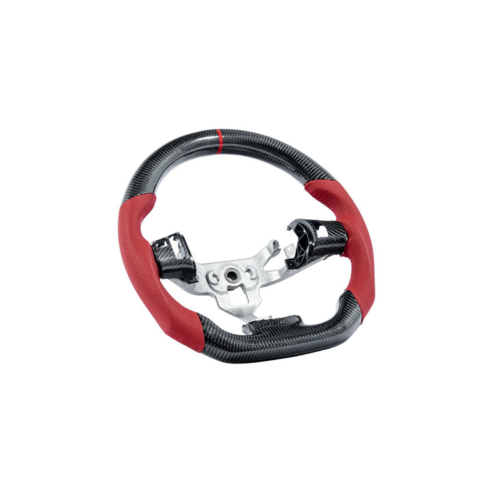 Corvette C6 Carbon Fiber Round Top Flat Bottom Steering Wheel &amp; Control Covers Gloss Carbon Fiber Red Stitching Red Top Stripe