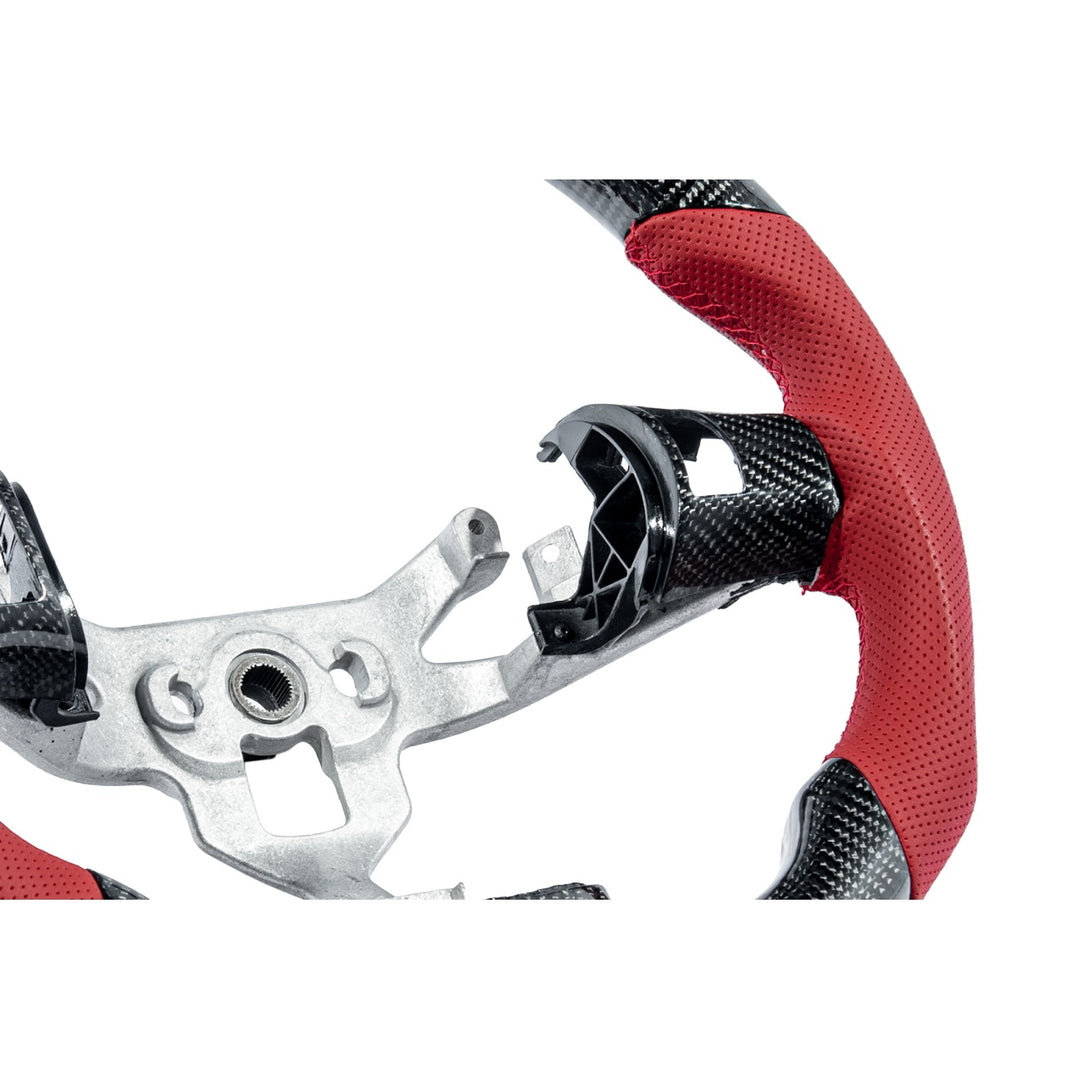 Corvette C6 Carbon Fiber Round Top Flat Bottom Steering Wheel &amp; Control Covers Gloss Carbon Fiber Red Stitching Red Top Stripe