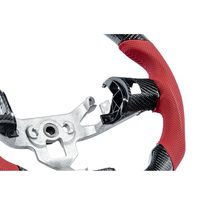 Corvette C6 Carbon Fiber Round Top Flat Bottom Steering Wheel &amp; Control Covers Gloss Carbon Fiber Red Stitching Red Top Stripe