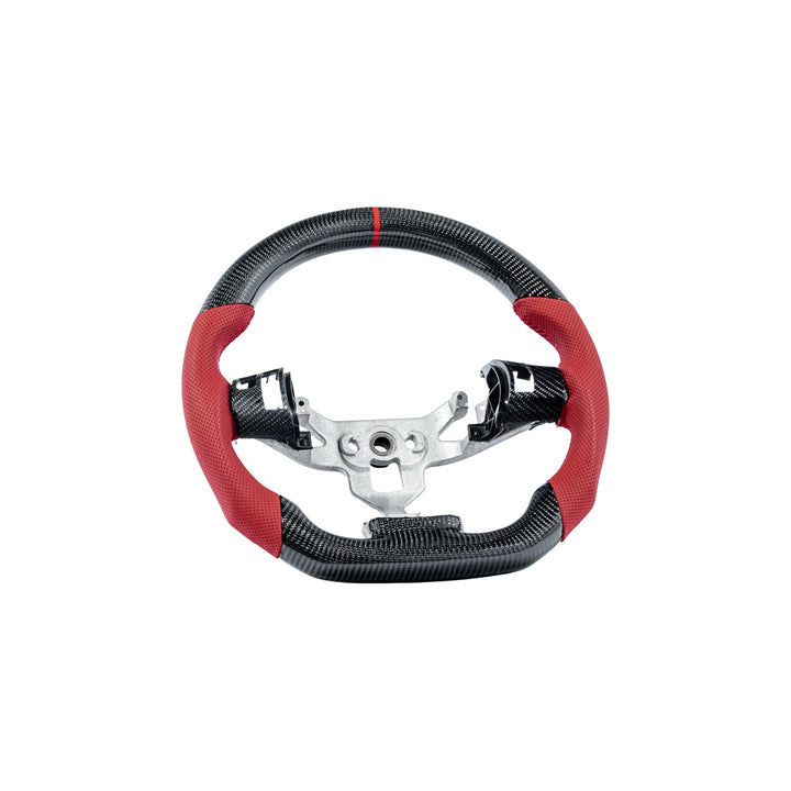 Corvette C6 Carbon Fiber Round Top Flat Bottom Steering Wheel &amp; Control Covers Gloss Carbon Fiber Red Stitching Red Top Stripe
