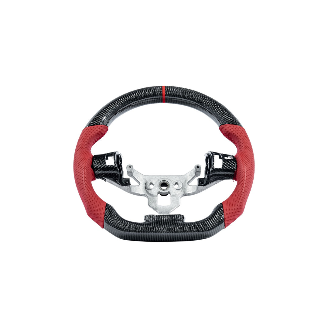 Corvette C6 Carbon Fiber Round Top Flat Bottom Steering Wheel &amp; Control Covers Gloss Carbon Fiber Red Stitching Red Top Stripe