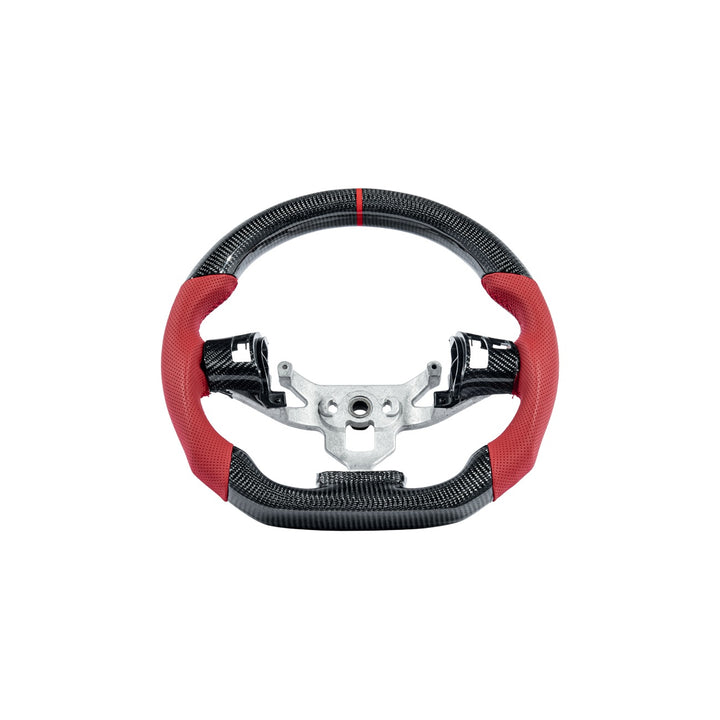 Corvette C6 Carbon Fiber Round Top Flat Bottom Steering Wheel &amp; Control Covers Gloss Carbon Fiber Red Stitching Red Top Stripe