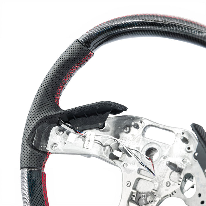 Corvette C8 Carbon Fiber LED Display Replacement Steering Wheel Gloss Carbon Fiber Red Stitching Red Top Stripe