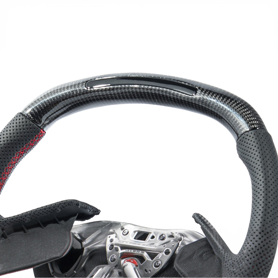 Corvette C8 Carbon Fiber LED Display Replacement Steering Wheel Gloss Carbon Fiber Red Stitching Red Top Stripe