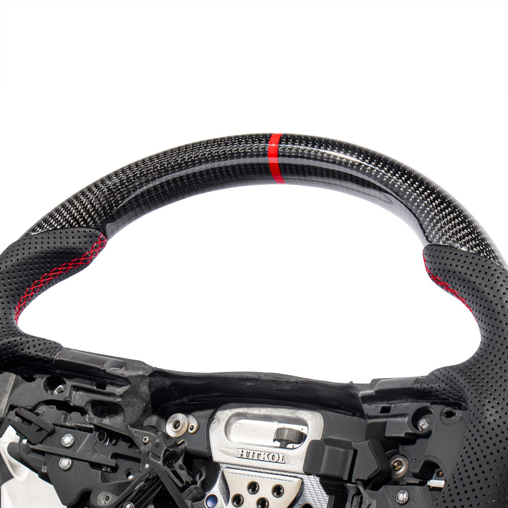 2012-2015 Chevrolet Camaro Carbon Fiber Replacement Steering Wheel Gloss Carbon Fiber Red Stitching Red Top Stripe