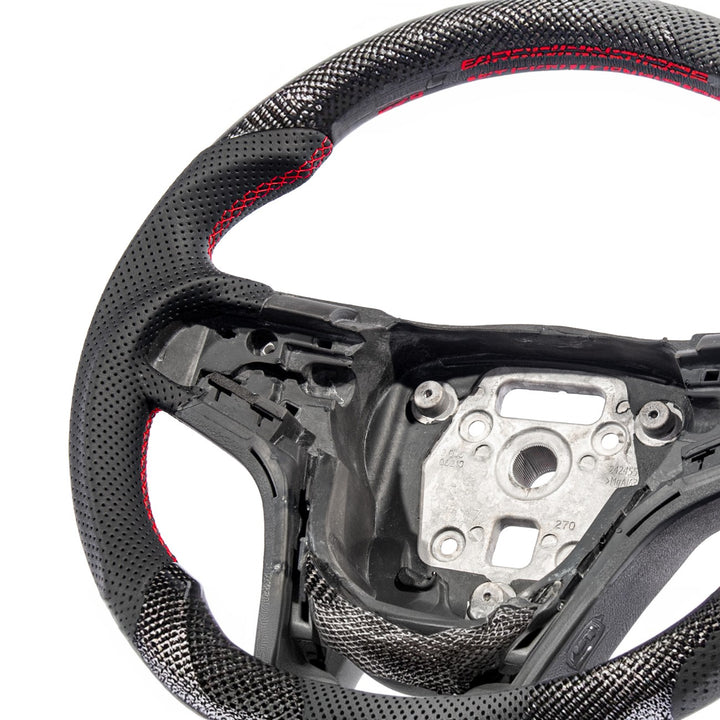 2012-2015 Chevrolet Camaro Carbon Fiber Replacement Steering Wheel Gloss Carbon Fiber Red Stitching Red Top Stripe