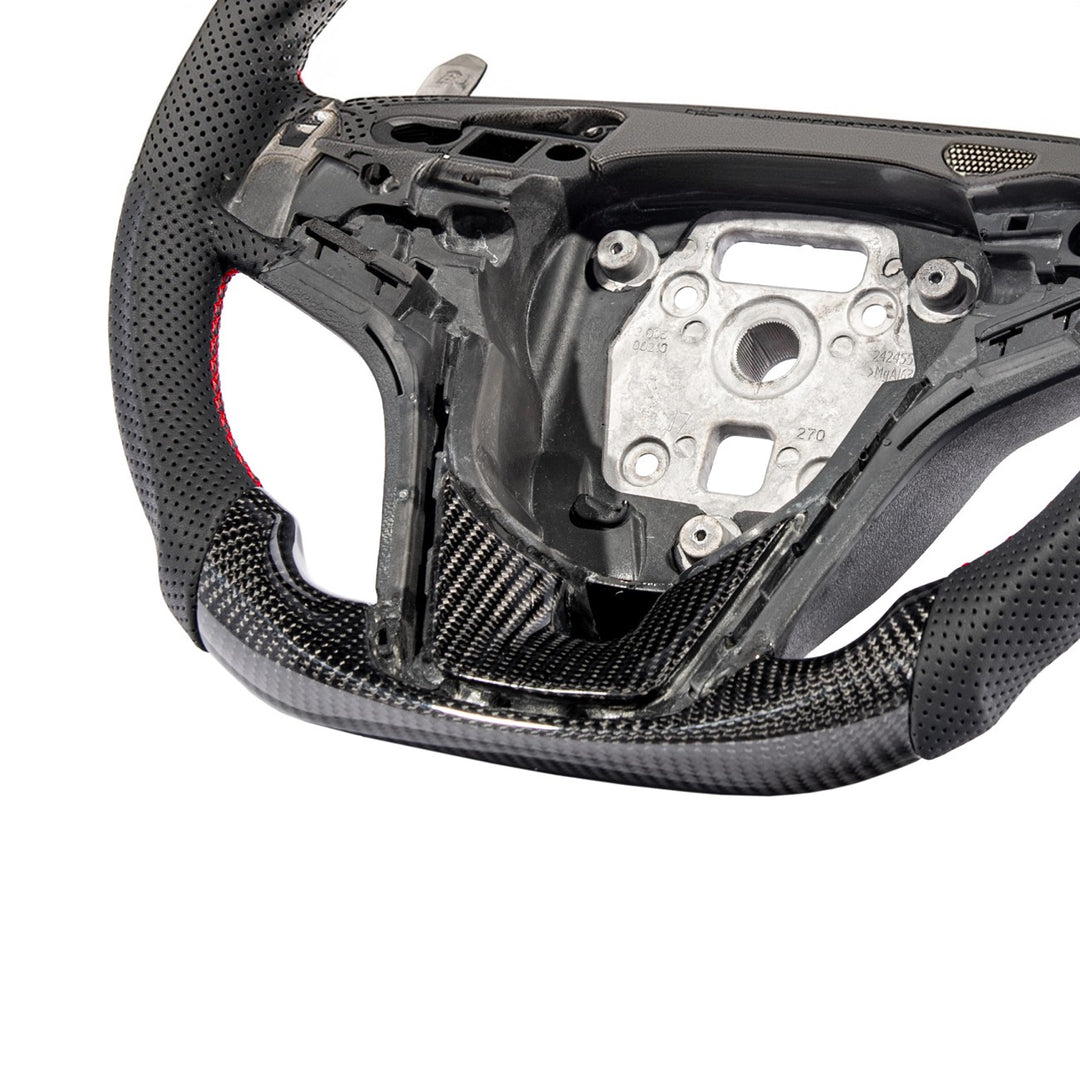 2012-2015 Chevrolet Camaro Carbon Fiber Replacement Steering Wheel Gloss Carbon Fiber Red Stitching Red Top Stripe